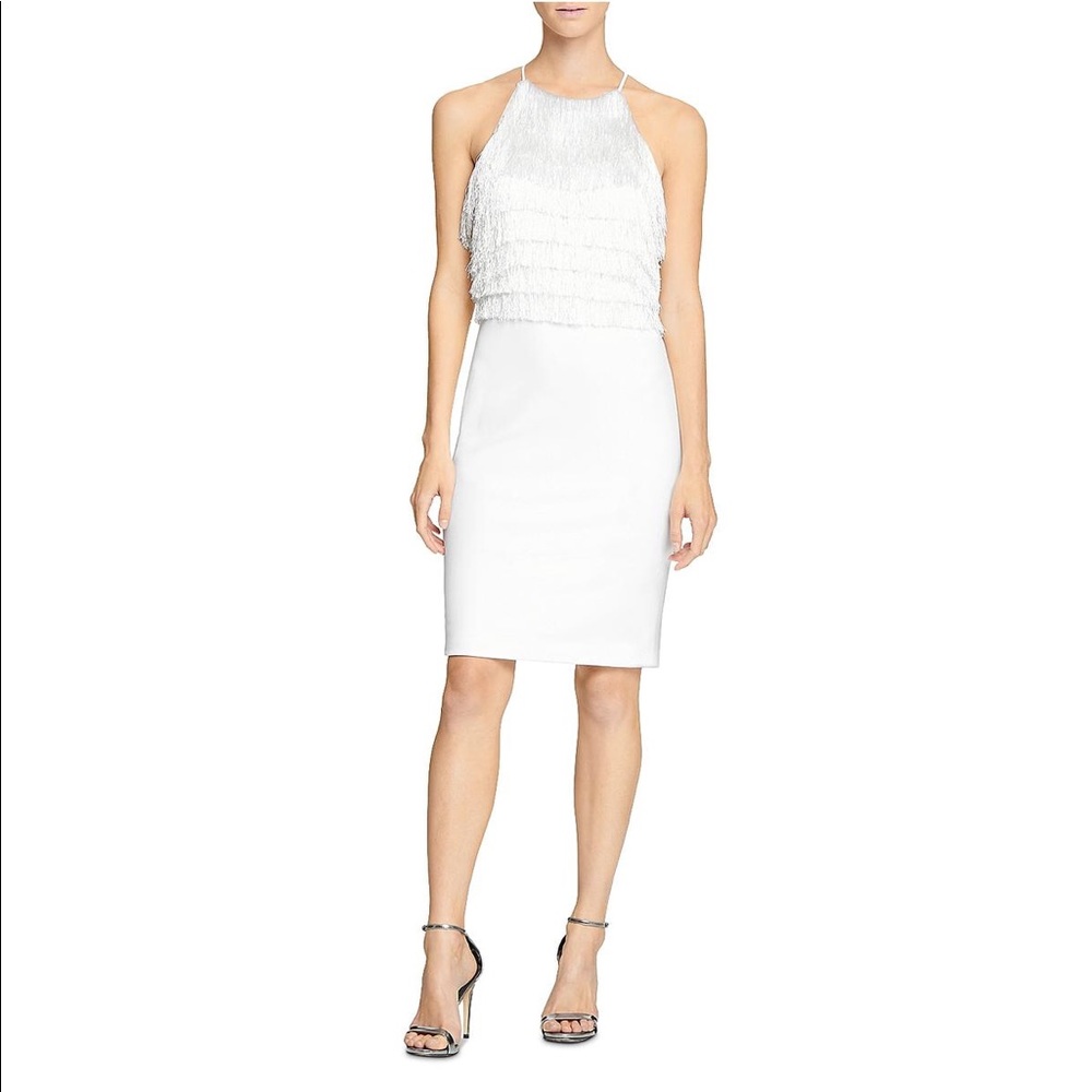 Halston Mini Fringe Halter Neck Party Dress in Ivory - Size 4